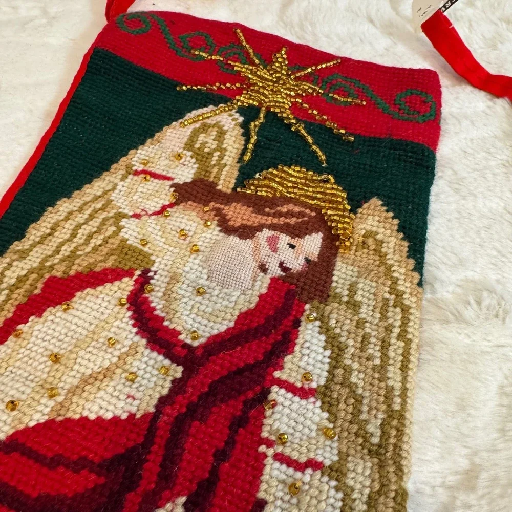 Vintage Needlepoint Christmas Stockings Set of 2 Angel Santa Beaded Red Green